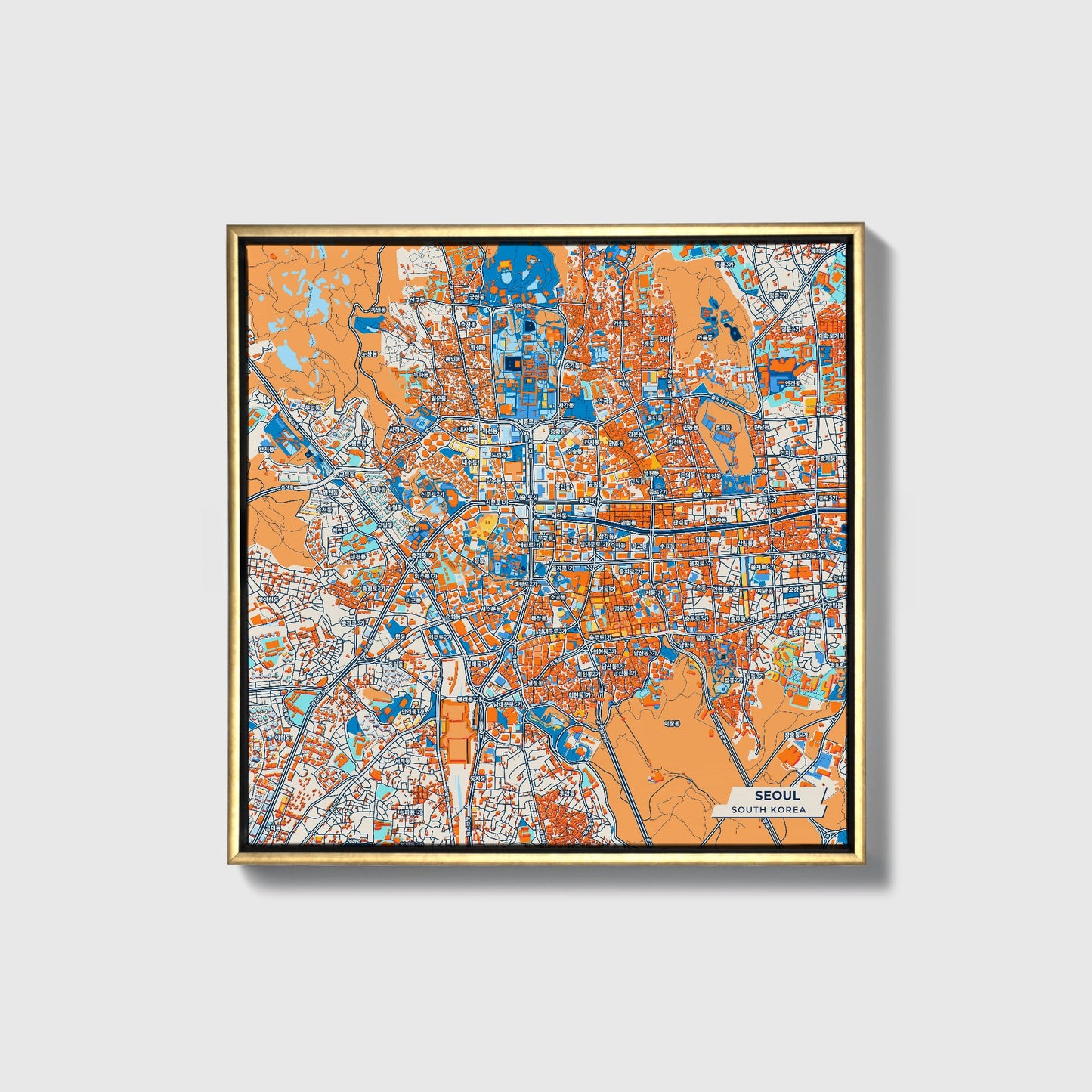 Seoul South Korea Colorful City Map Canvas Print • Gold Framed