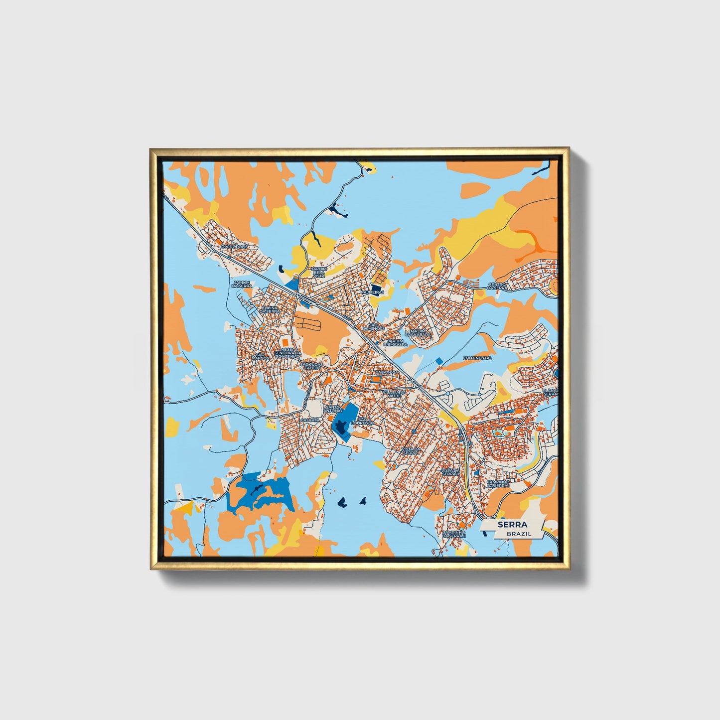 Serra Brazil Colorful City Map Canvas Print • Gold Framed