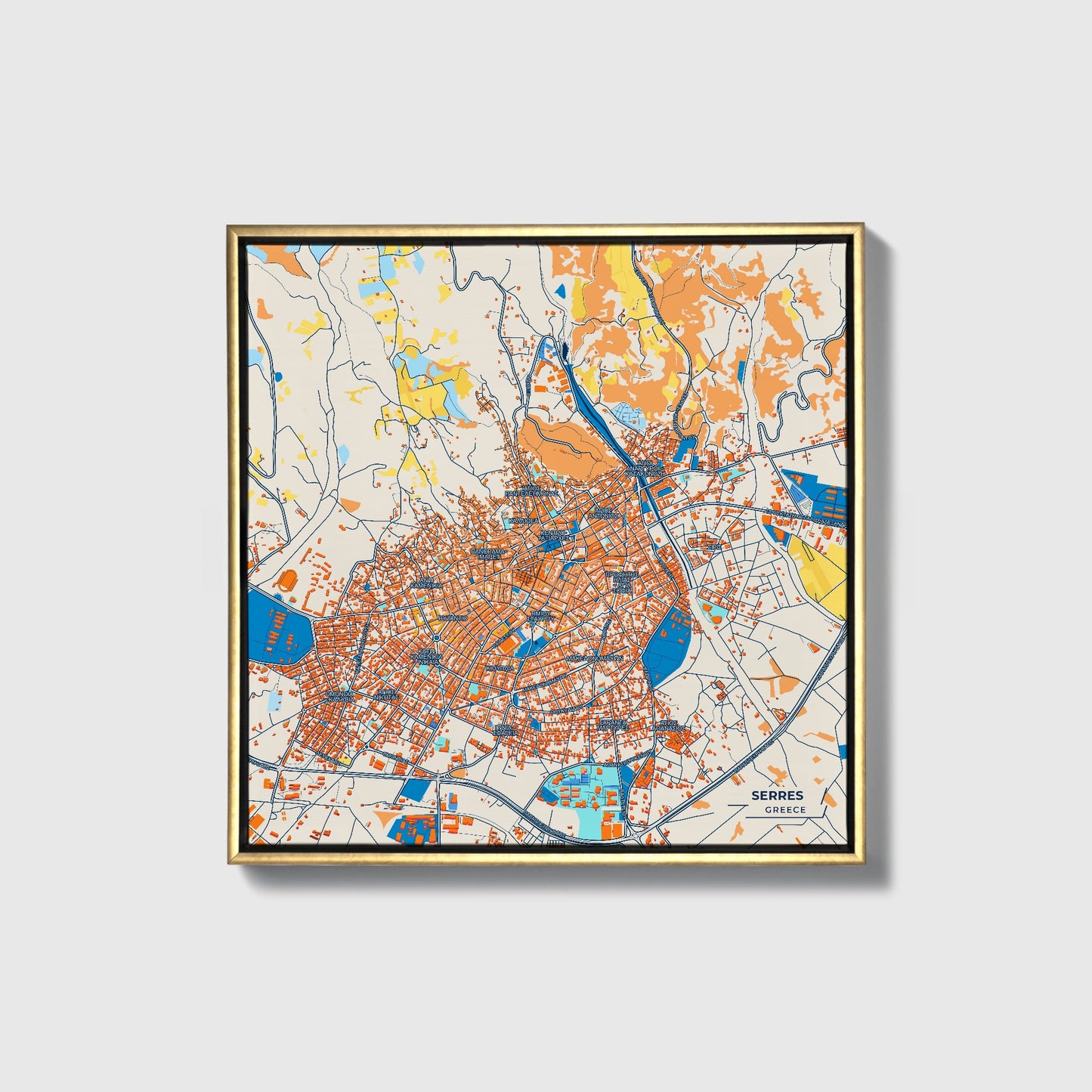 Σερρες Greece Colorful City Map Canvas Print • Gold Framed