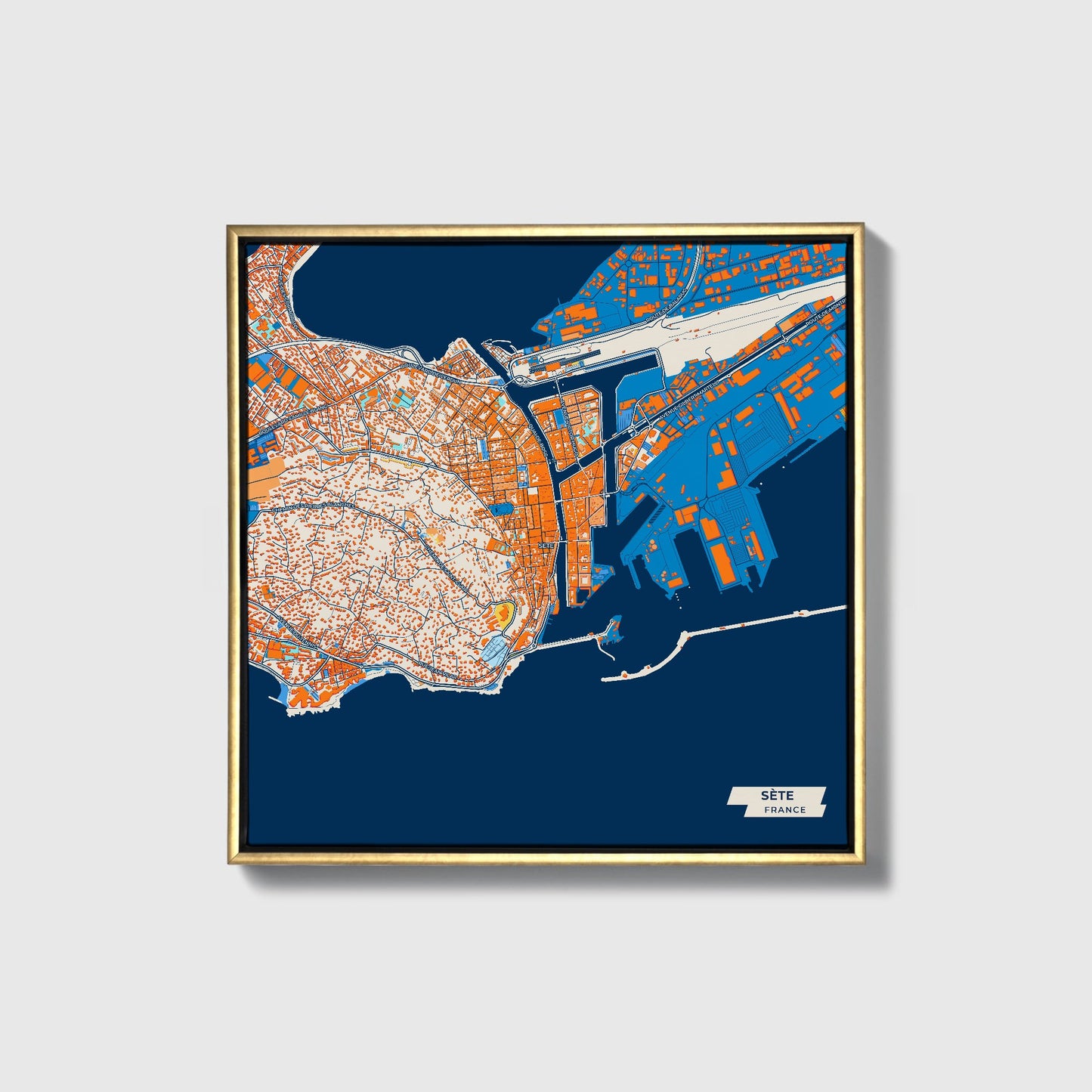 Sète France Colorful City Map Canvas Print • Gold Framed