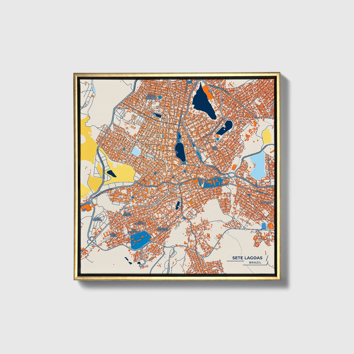 Sete Lagoas Brazil Colorful City Map Canvas Print • Gold Framed