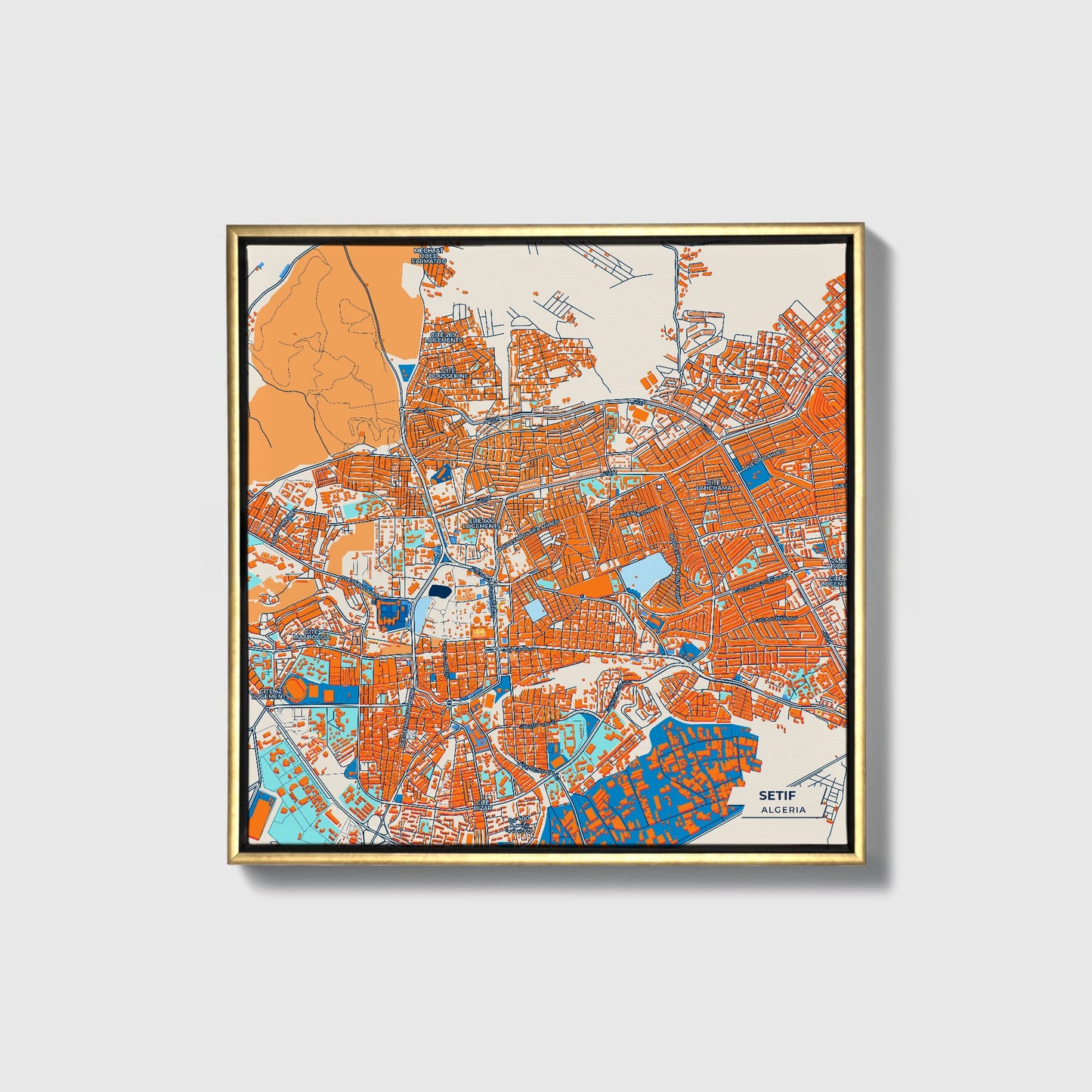 Setif Algeria Colorful City Map Canvas Print • Gold Framed
