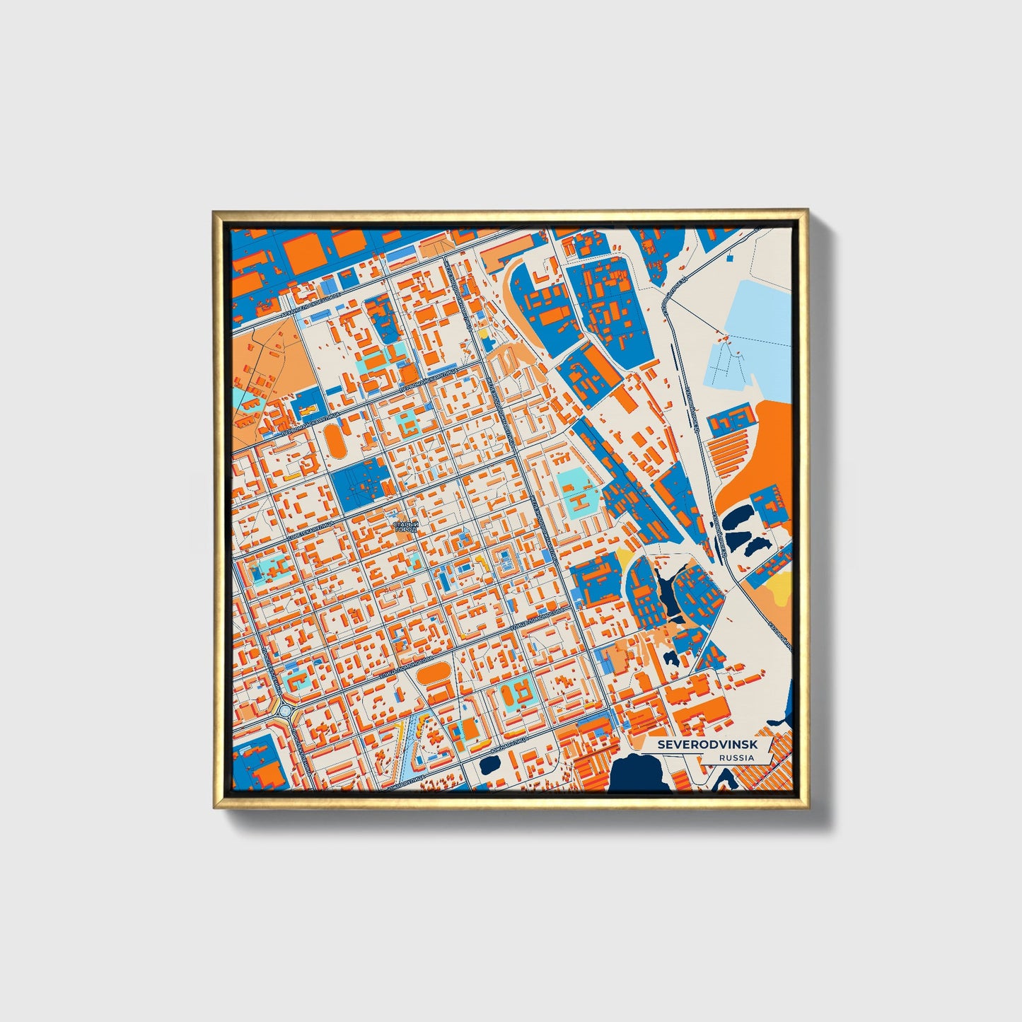 Северодвинск Russia Colorful City Map Canvas Print • Gold Framed
