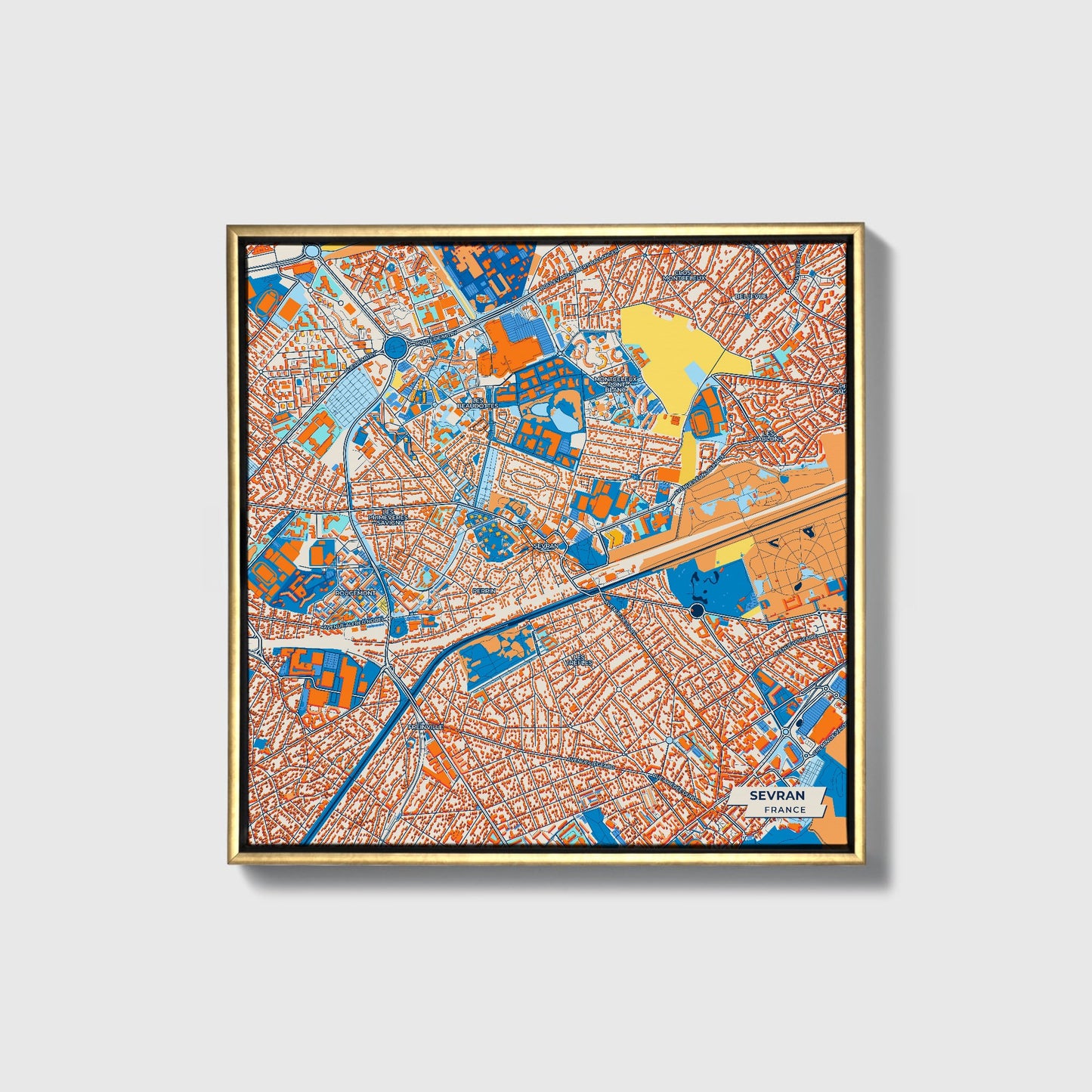 Sevran France Colorful City Map Canvas Print • Gold Framed