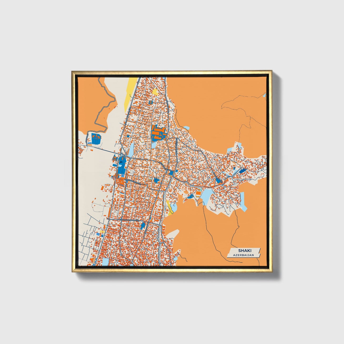 Shaki Azerbaijan Colorful City Map Canvas Print • Gold Framed