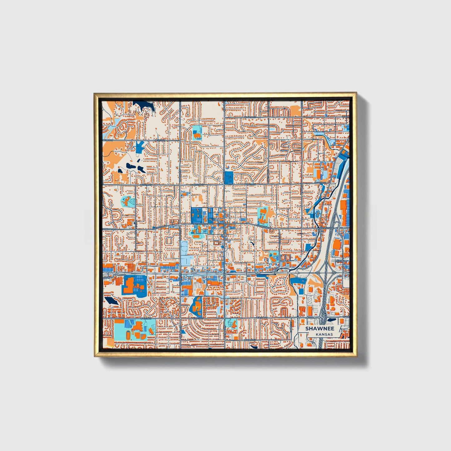 Shawnee Kansas Colorful City Map Canvas Print • Gold Framed