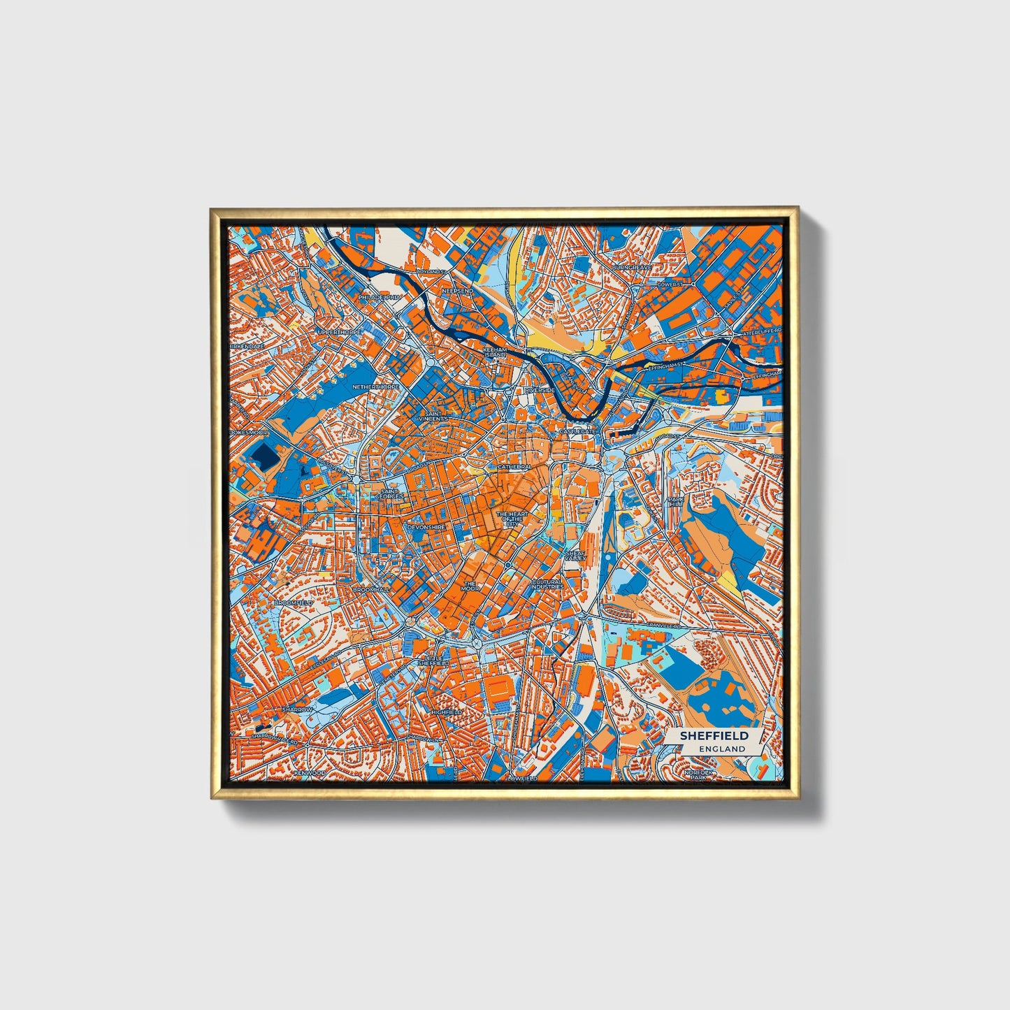Sheffield England Colorful City Map Canvas Print • Gold Framed