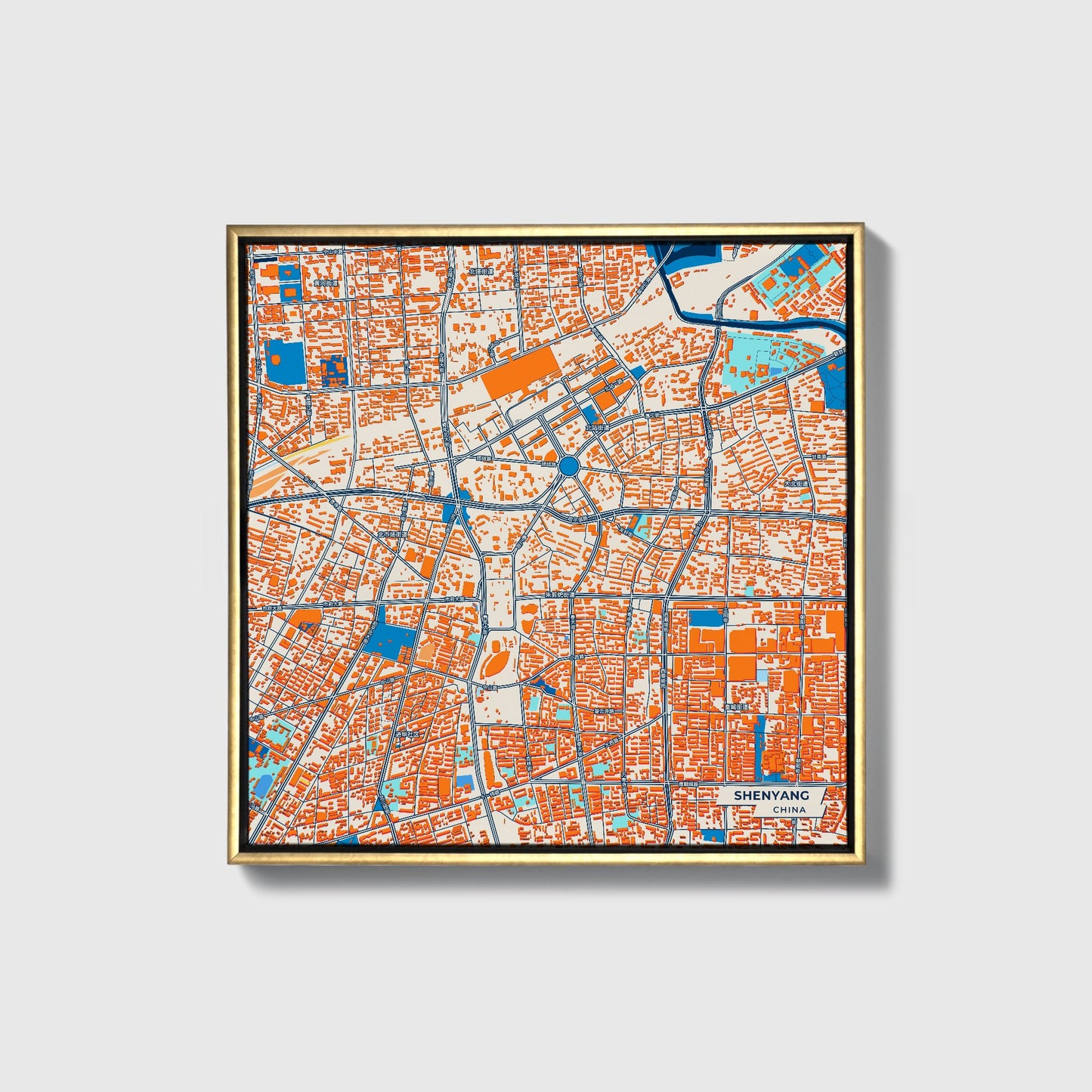 Shenyang China Colorful City Map Canvas Print • Gold Framed