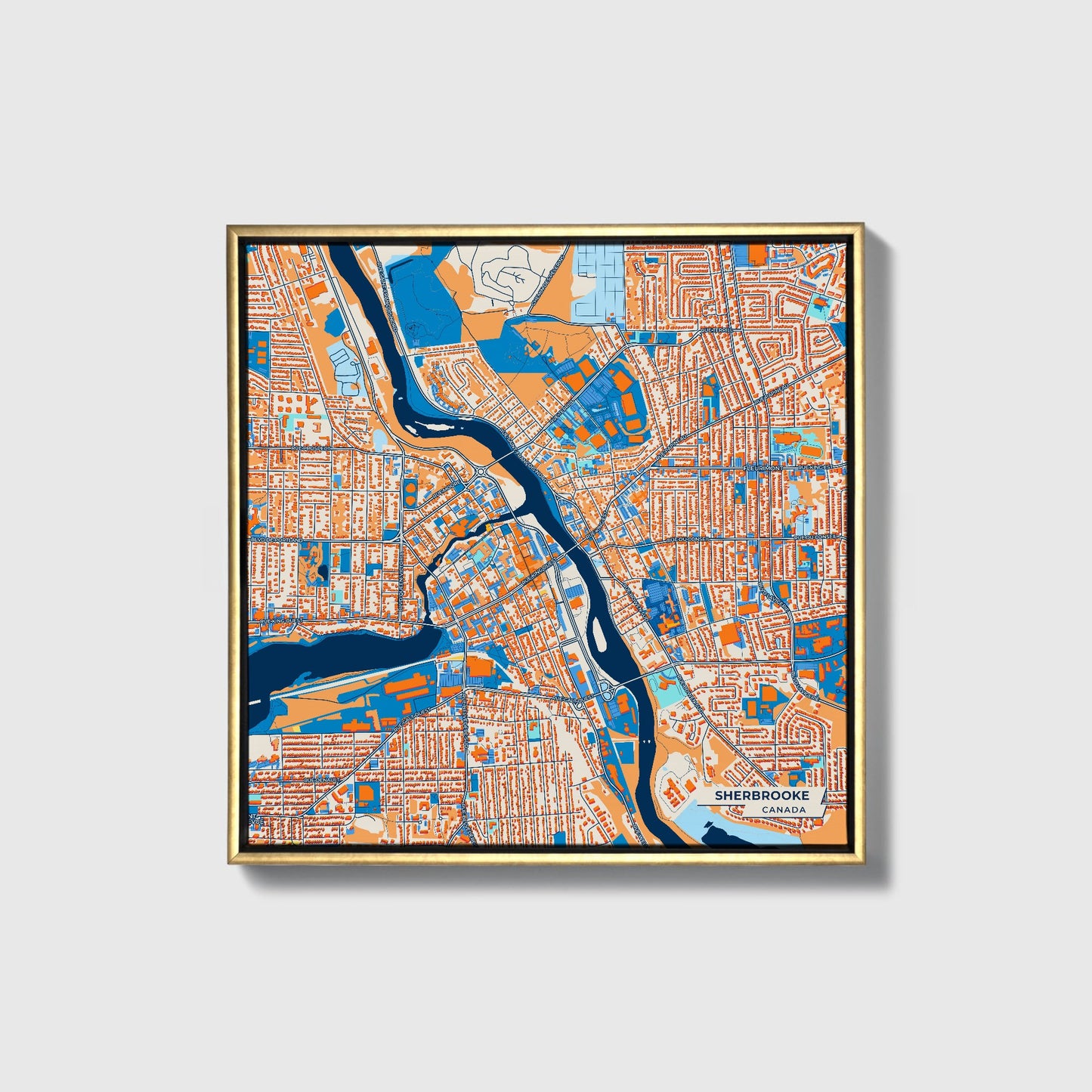 Sherbrooke Canada Colorful City Map Canvas Print • Gold Framed