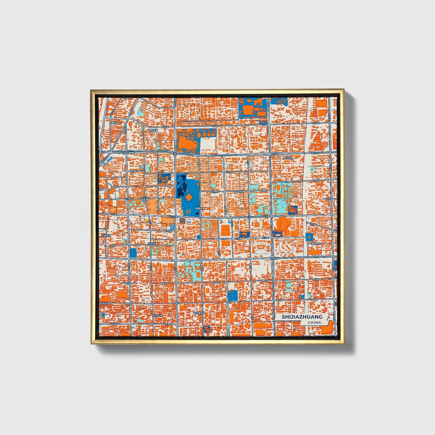 Shijiazhuang China Colorful City Map Canvas Print • Gold Framed