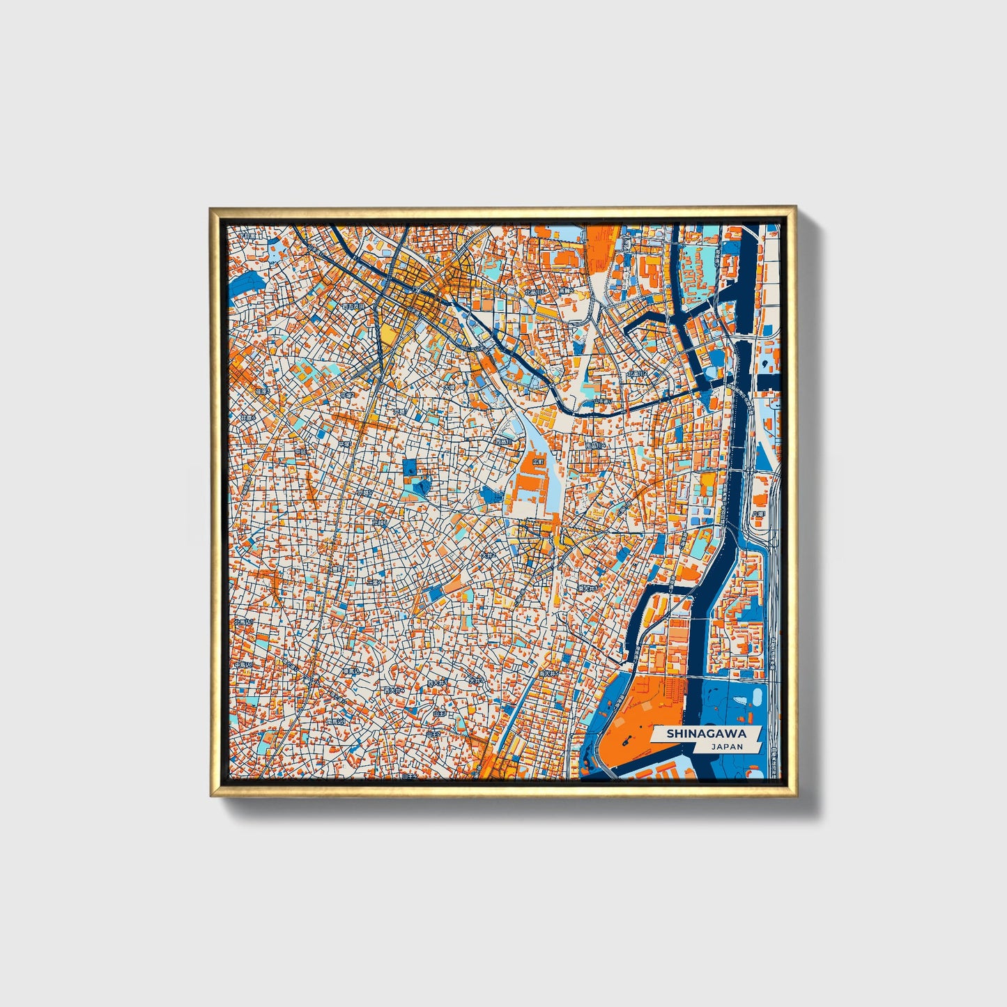 Shinagawa Japan Colorful City Map Canvas Print • Gold Framed
