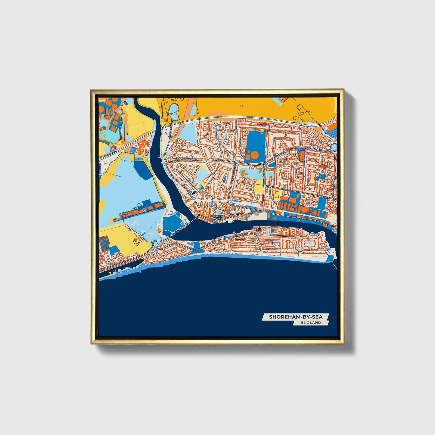 Shoreham-By-Sea England Colorful City Map Canvas Print • Gold Framed