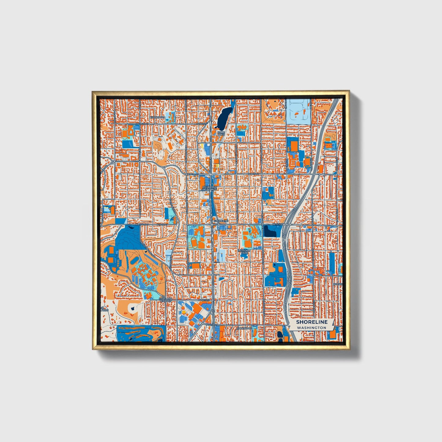 Shoreline Washington Colorful City Map Canvas Print • Gold Framed
