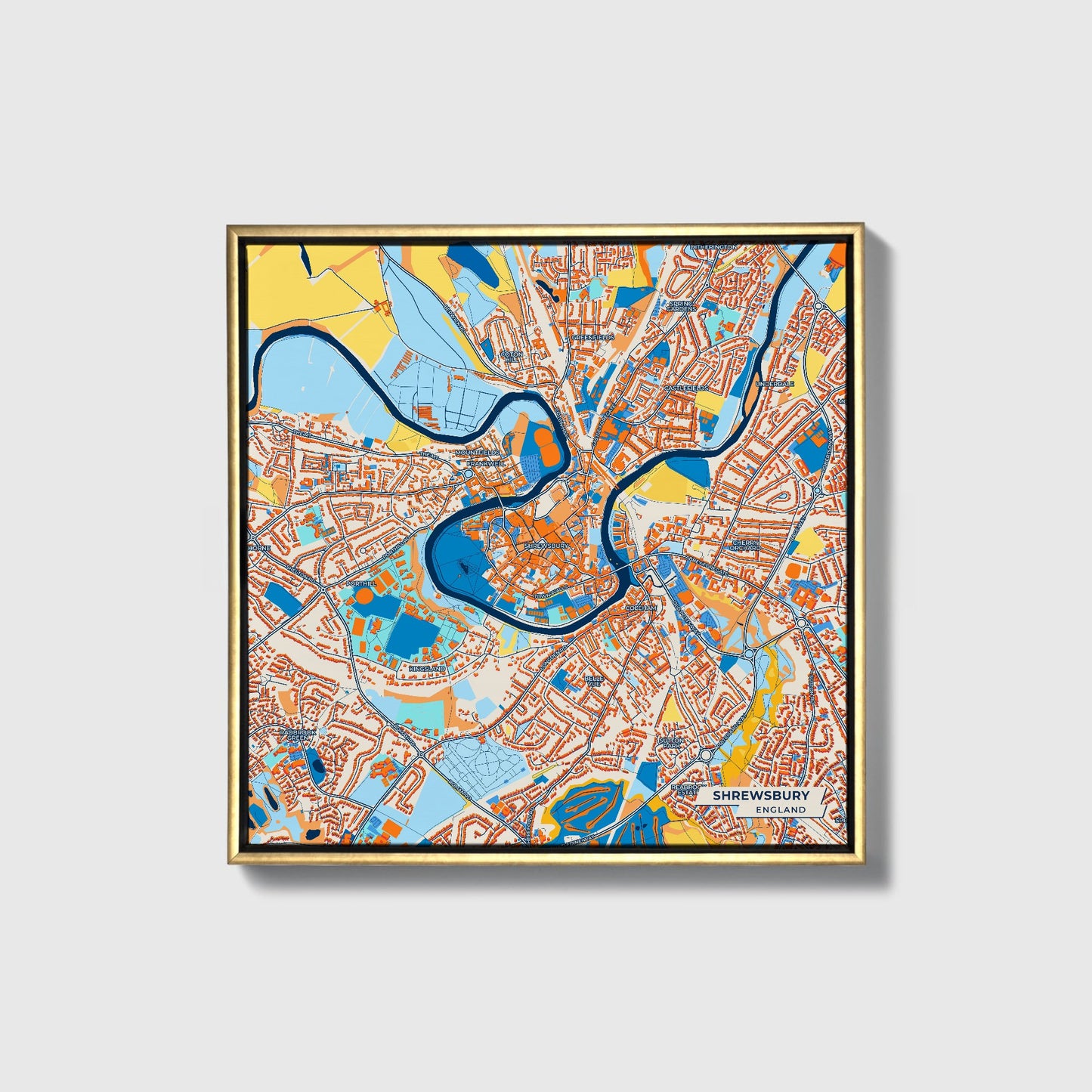 Shrewsbury England Colorful City Map Canvas Print • Gold Framed