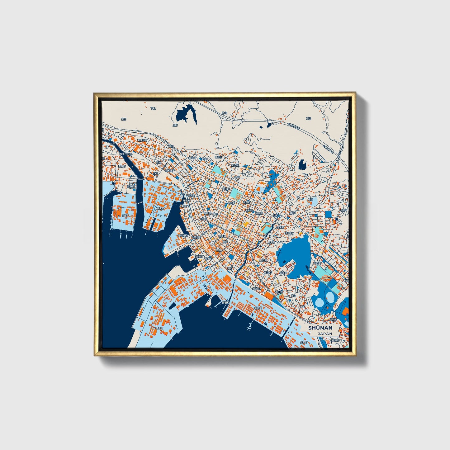 Shūnan Japan Colorful City Map Canvas Print • Gold Framed
