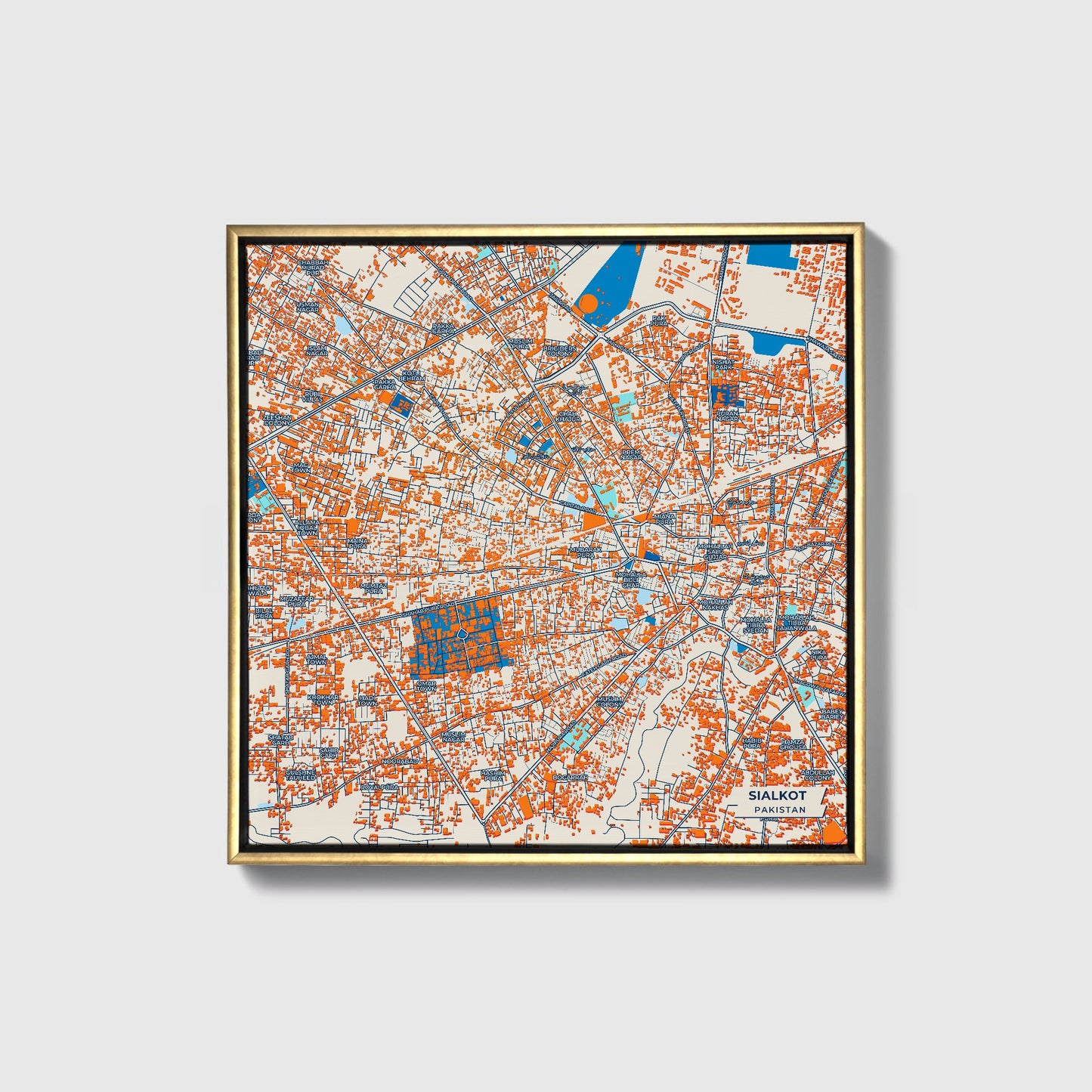 Sialkot Pakistan Colorful City Map Canvas Print • Gold Framed