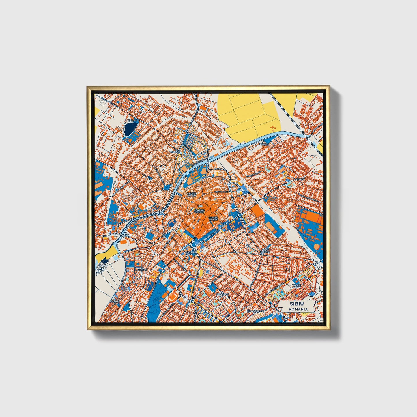 Sibiu Romania Colorful City Map Canvas Print • Gold Framed