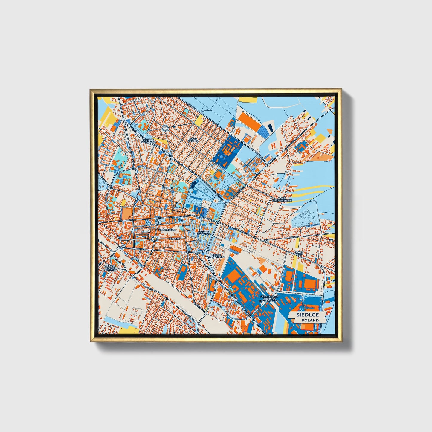 Siedlce Poland Colorful City Map Canvas Print • Gold Framed