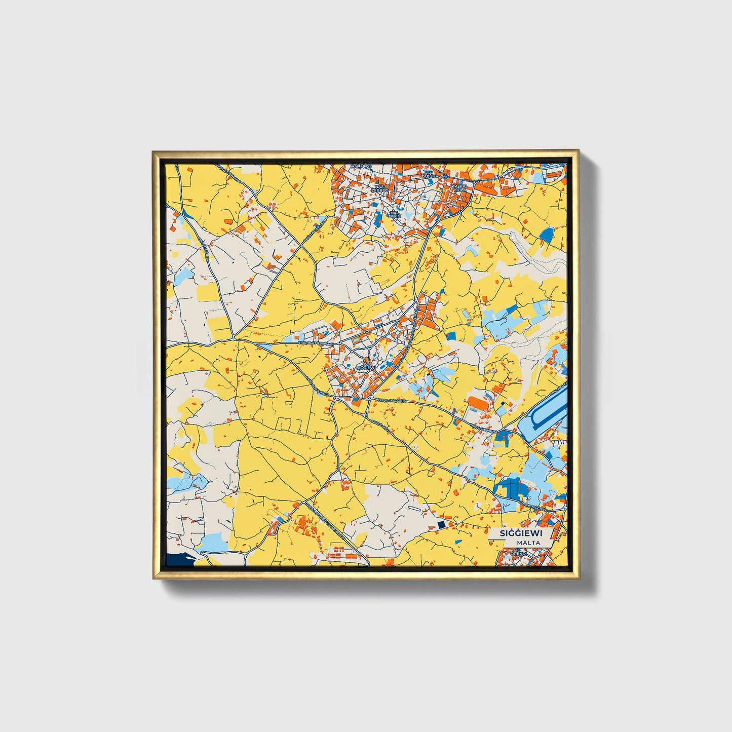 Siġġiewi Malta Colorful City Map Canvas Print • Gold Framed