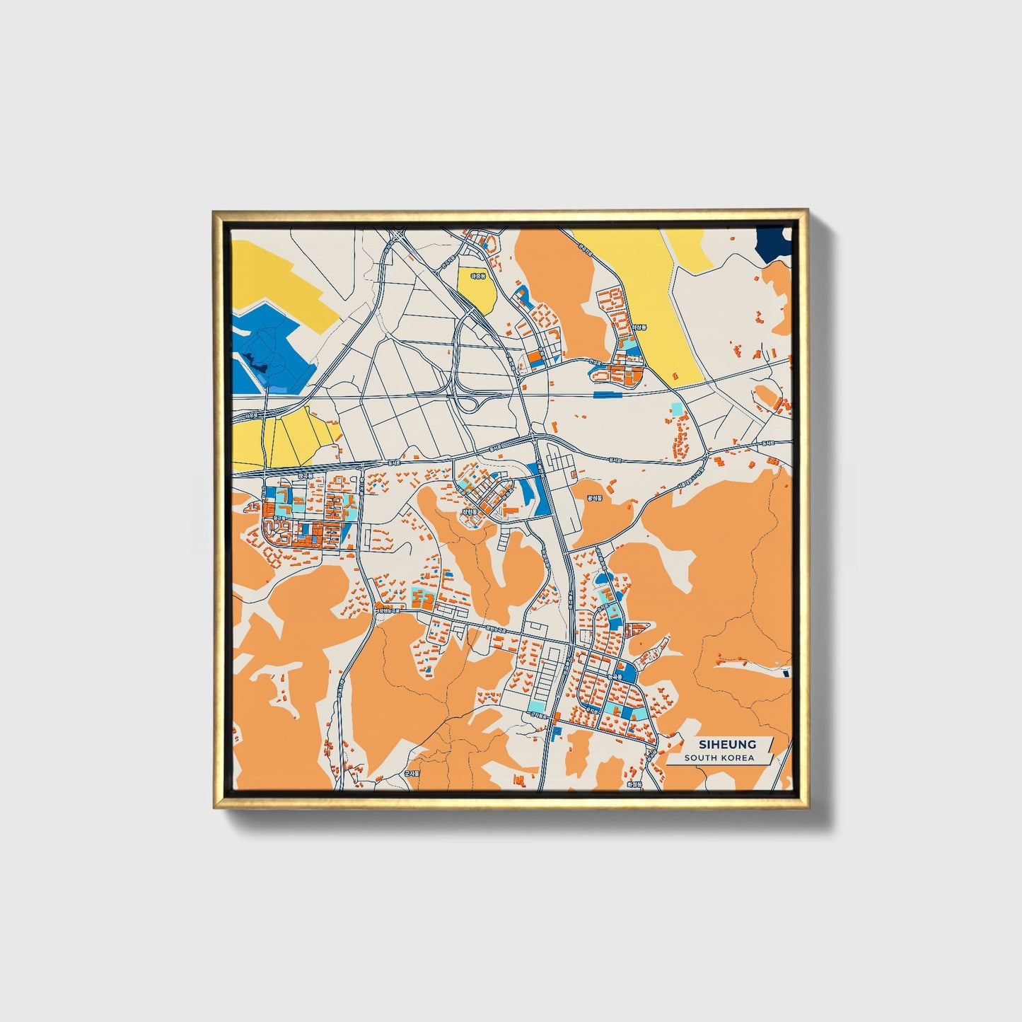 Siheung South Korea Colorful City Map Canvas Print • Gold Framed