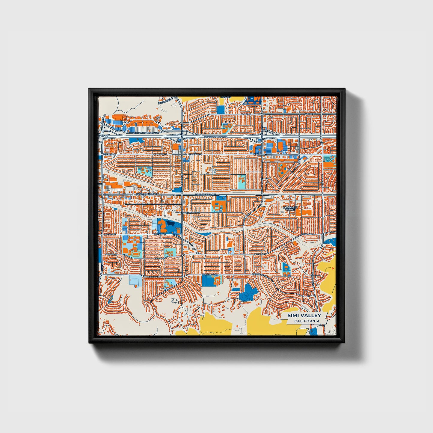 Simi Valley California Colorful City Map Canvas Print • Black Framed