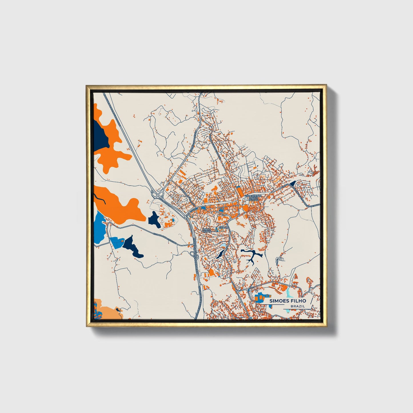Simoes Filho Brazil Colorful City Map Canvas Print • Gold Framed