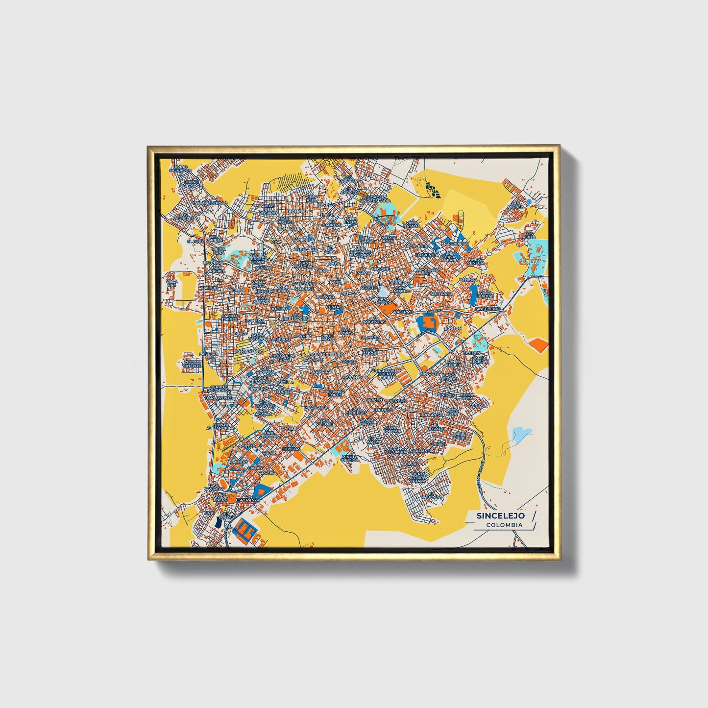 Sincelejo Colombia Colorful City Map Canvas Print • Gold Framed