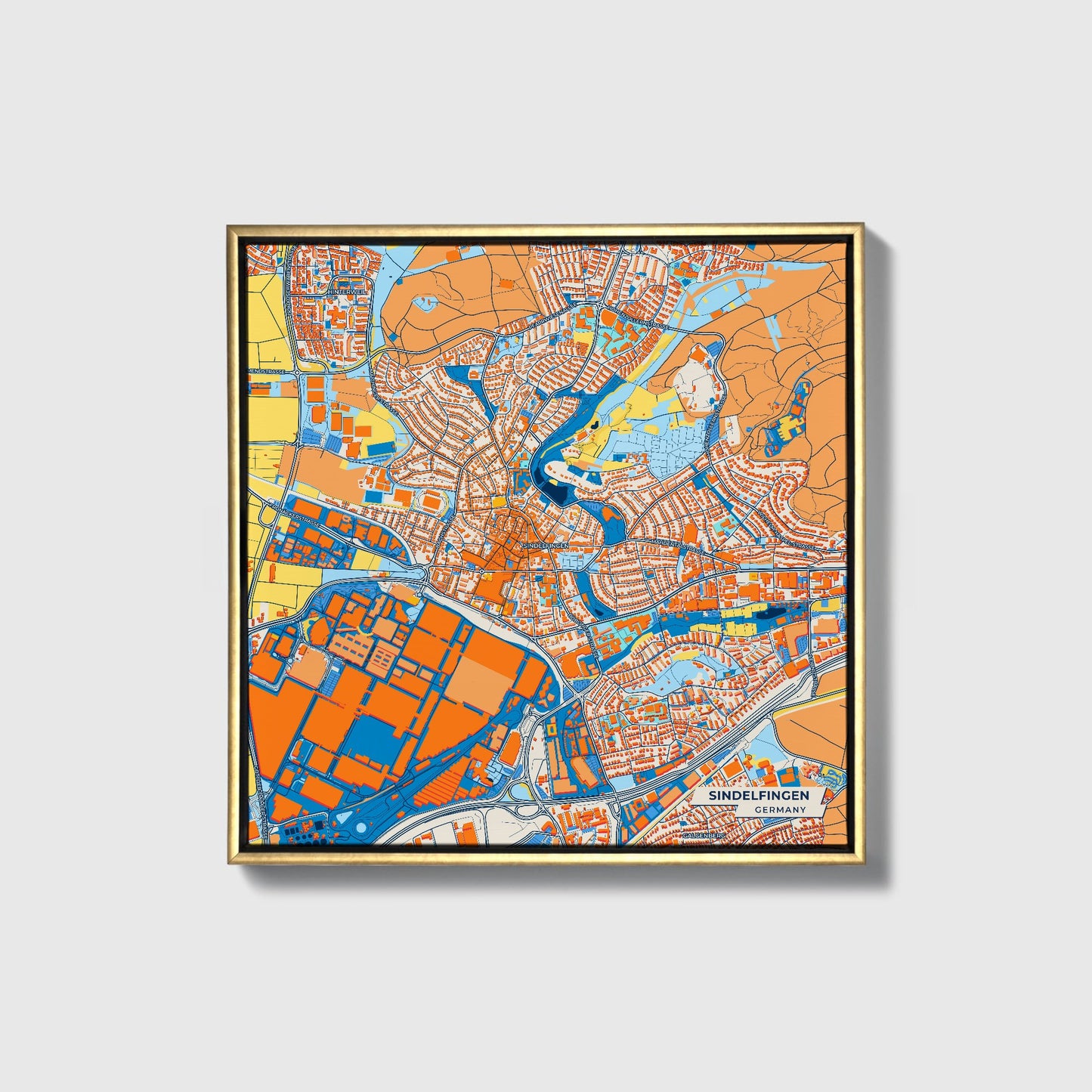 Sindelfingen Germany Colorful City Map Canvas Print • Gold Framed