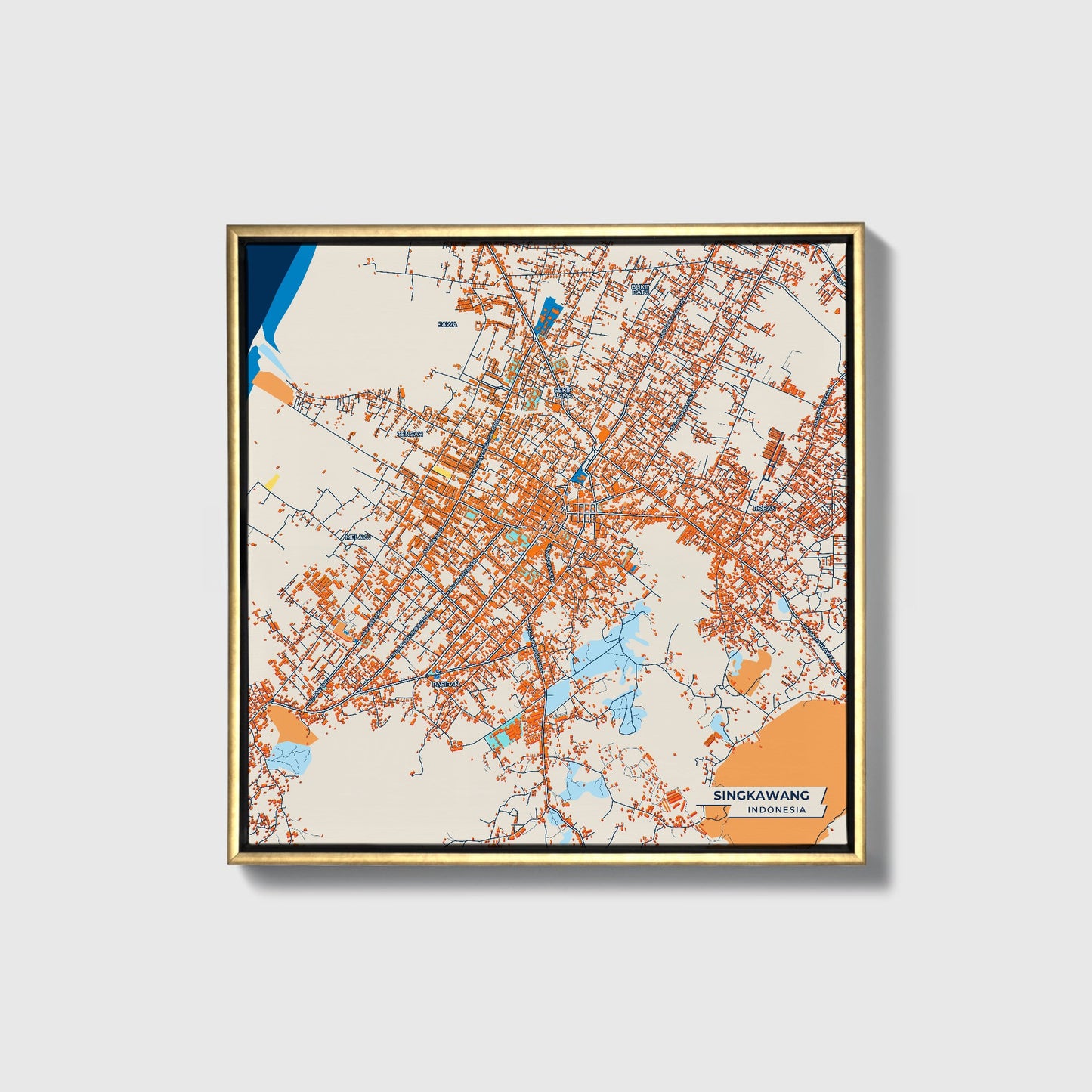 Singkawang Indonesia Colorful City Map Canvas Print • Gold Framed