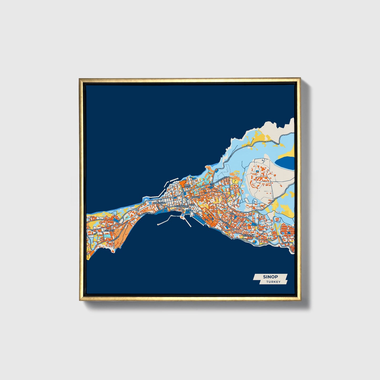 Si̇nop Turkey Colorful City Map Canvas Print • Gold Framed
