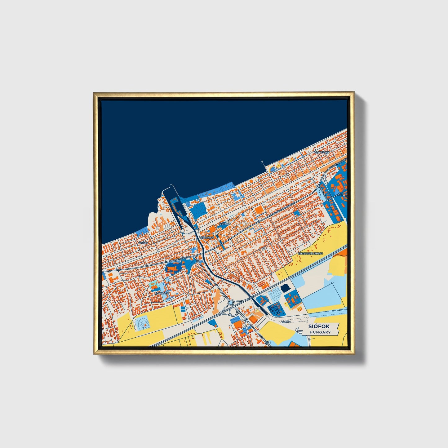 Siófok Hungary Colorful City Map Canvas Print • Gold Framed
