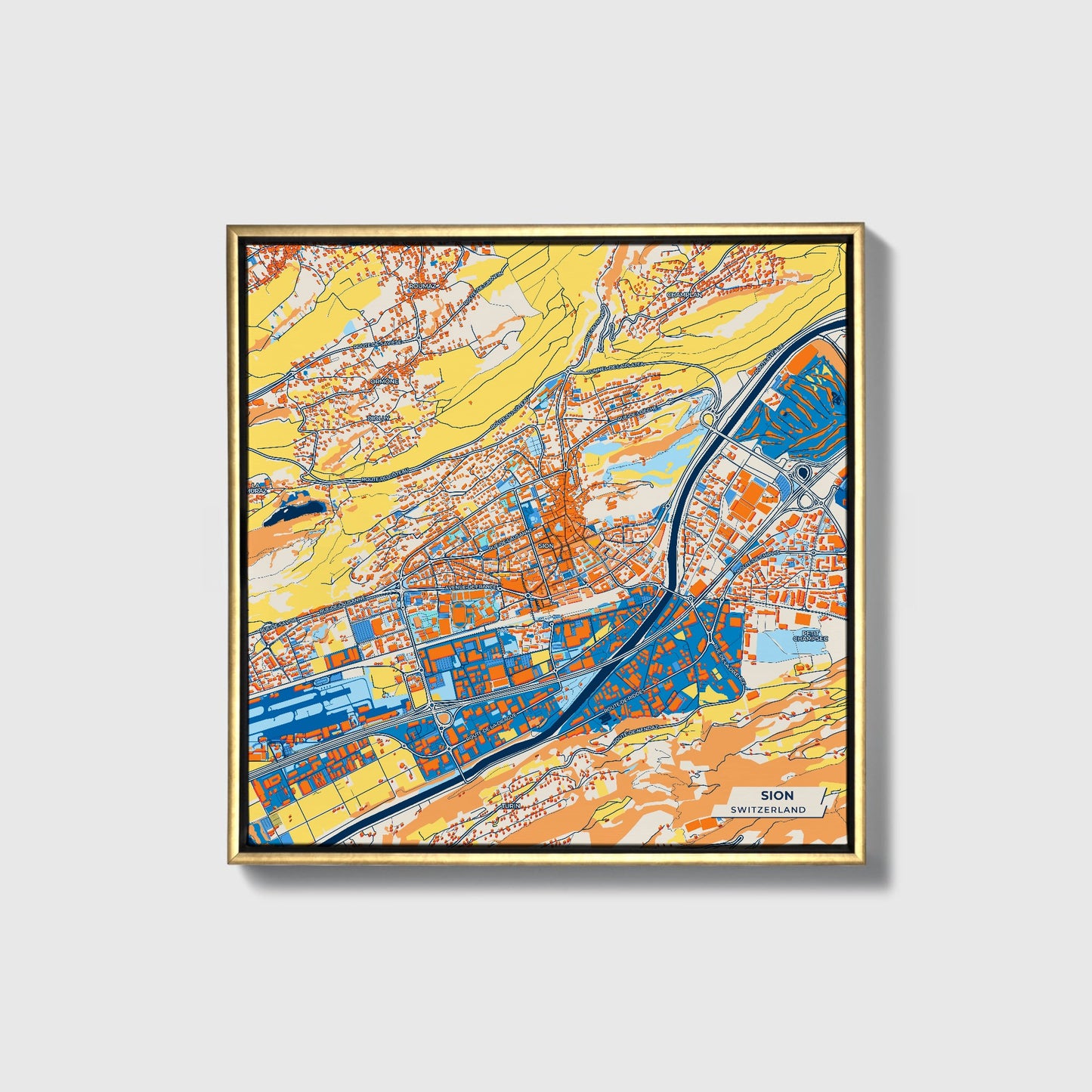 Sion Switzerland Colorful City Map Canvas Print • Gold Framed