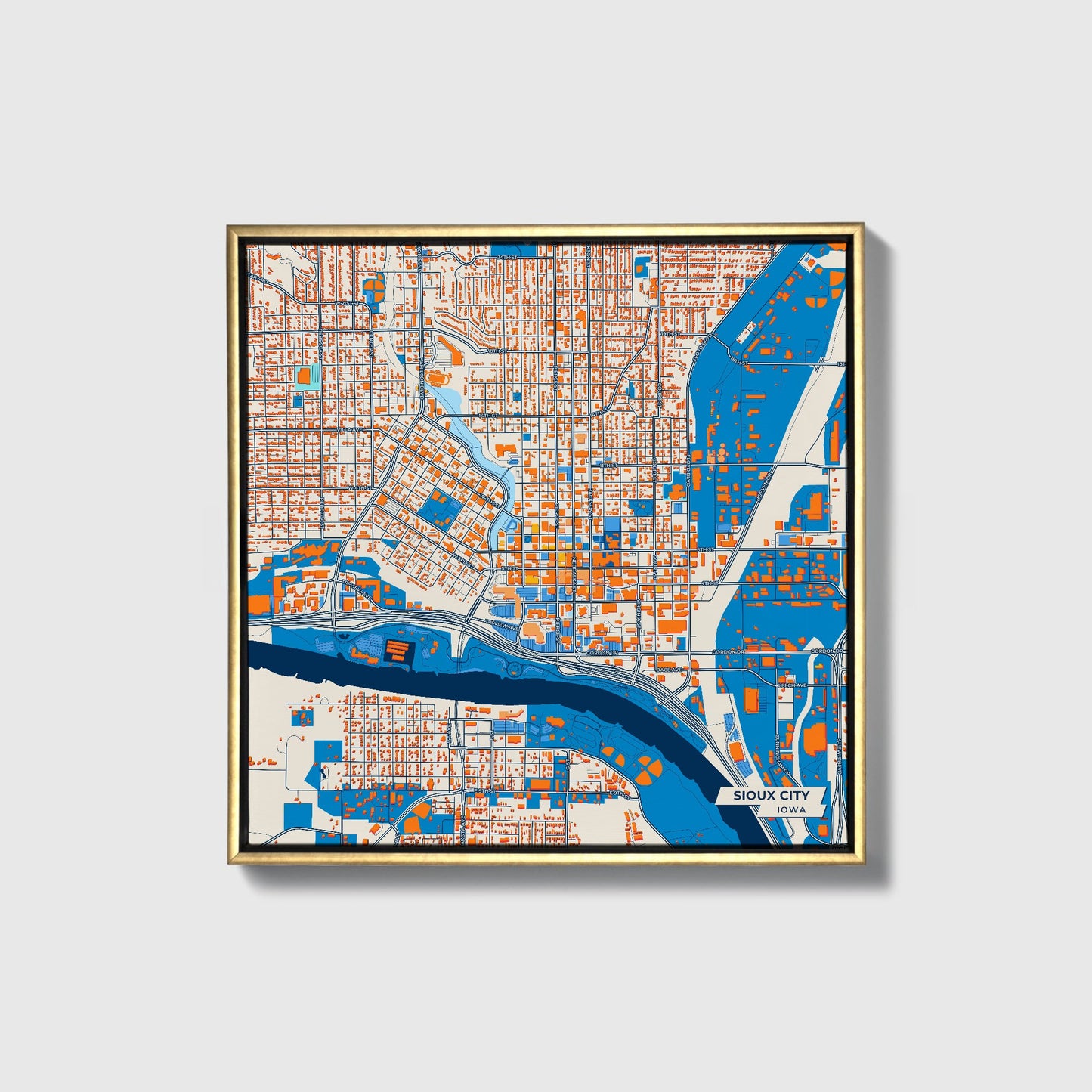 Sioux City Iowa Colorful City Map Canvas Print • Gold Framed