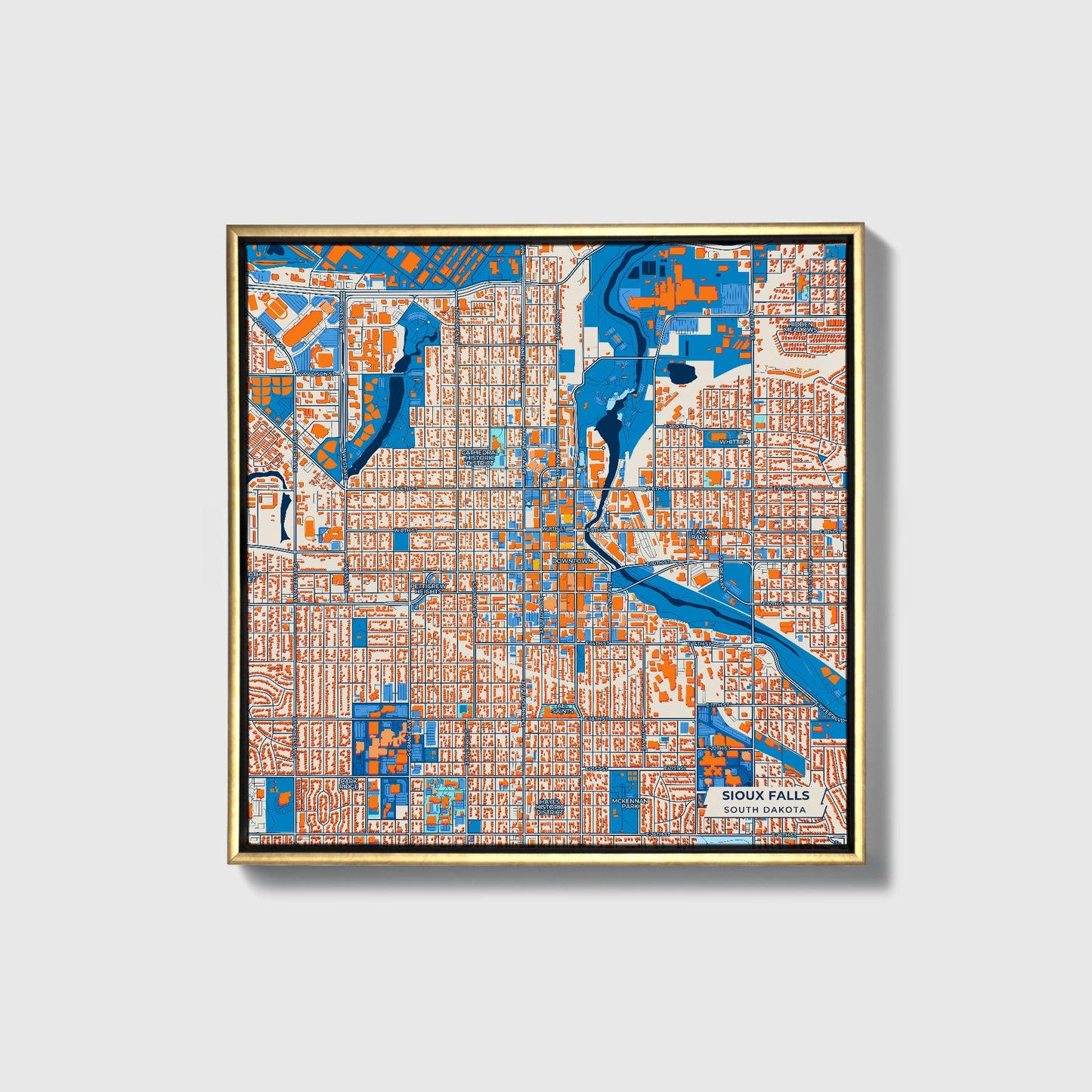 Sioux Falls South Dakota Colorful City Map Canvas Print • Gold Framed