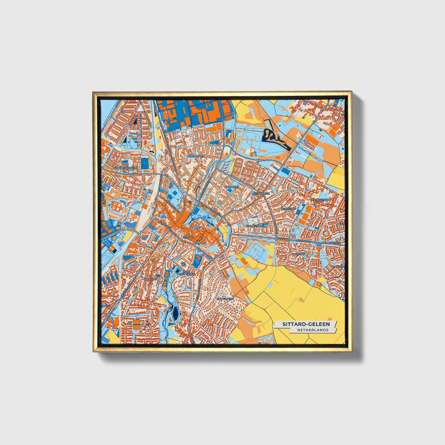 Sittard-Geleen Netherlands Colorful City Map Canvas Print • Gold Framed