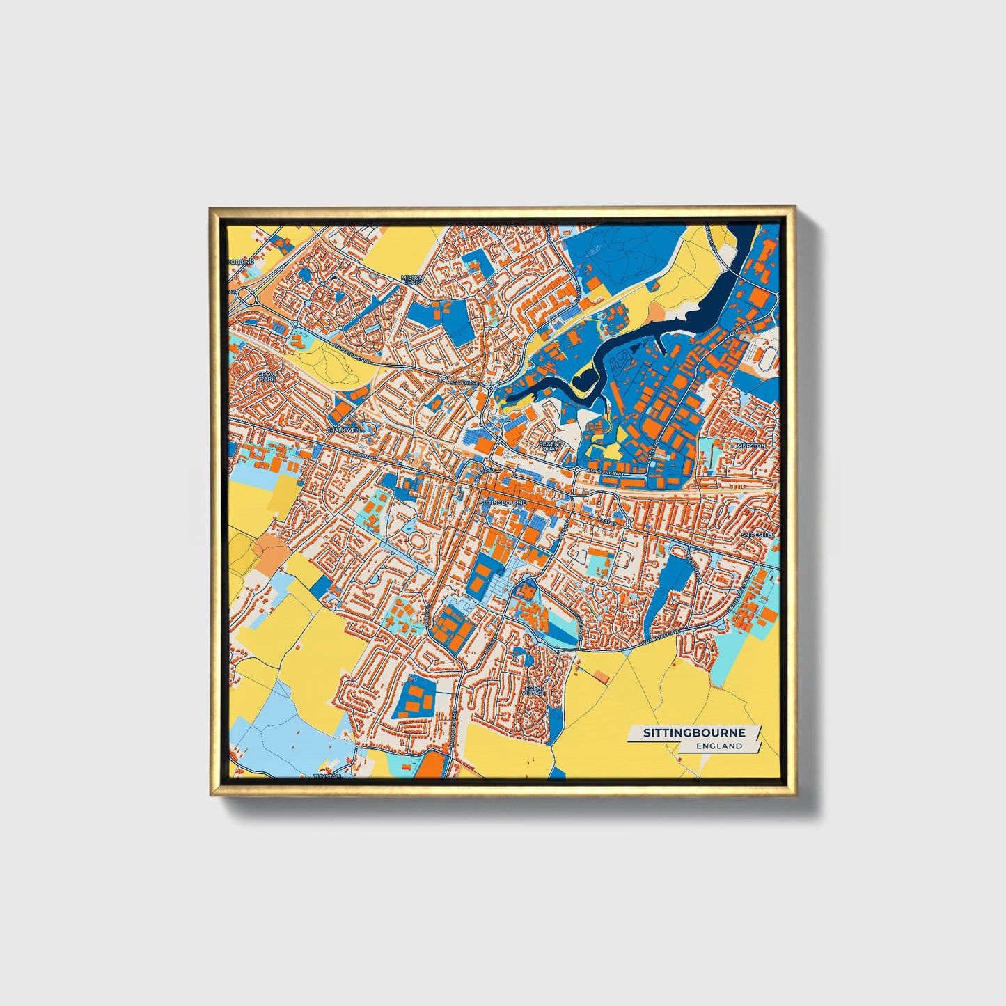 Sittingbourne England Colorful City Map Canvas Print • Gold Framed