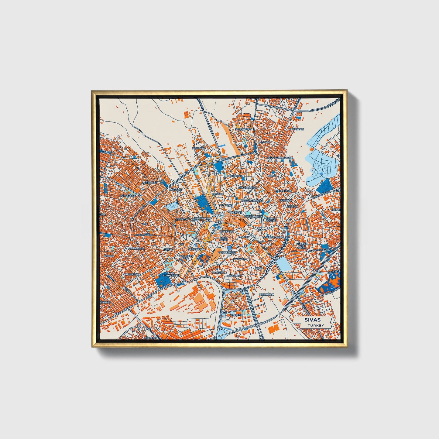 Si̇vas Turkey Colorful City Map Canvas Print • Gold Framed