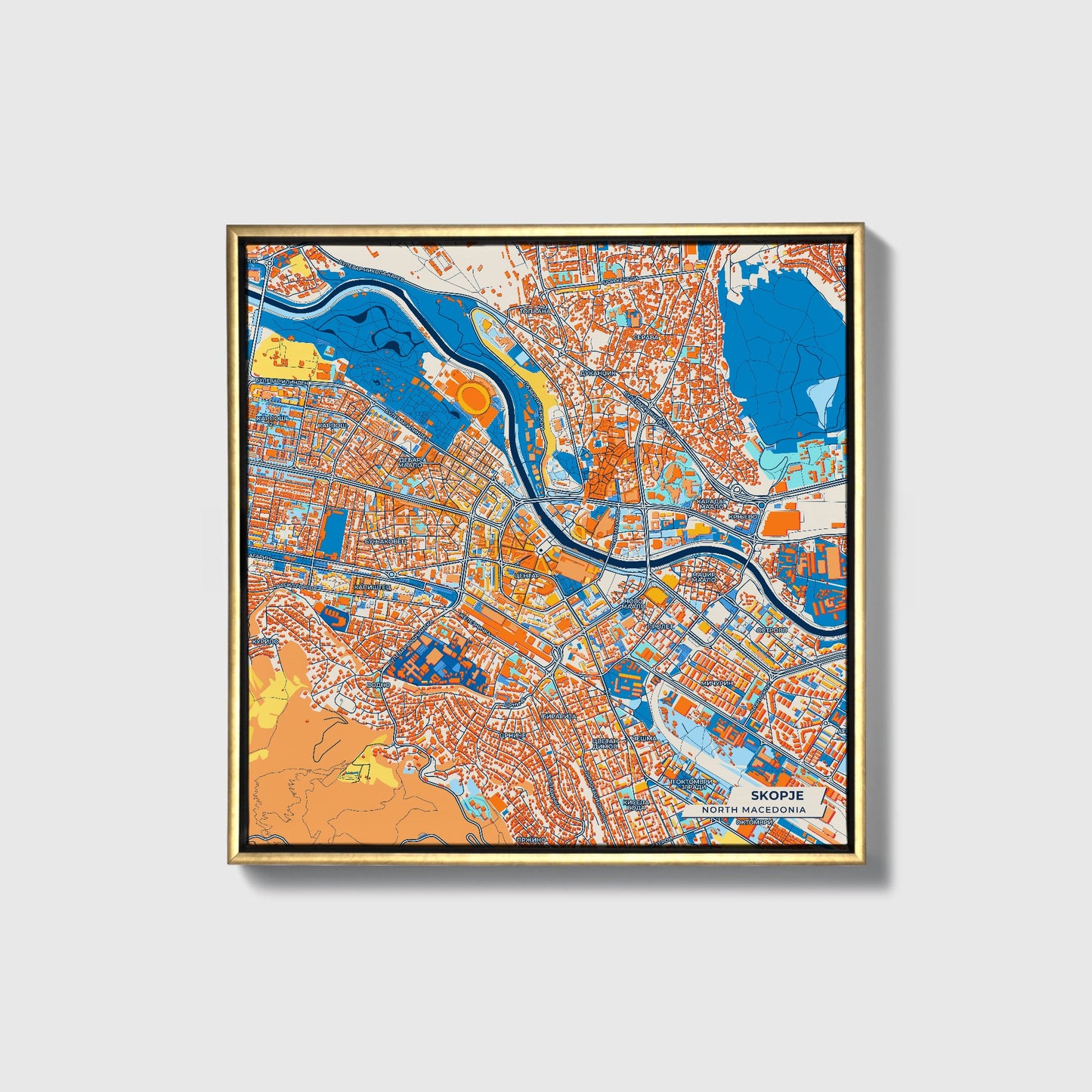 Skopje North Macedonia Colorful City Map Canvas Print • Gold Framed