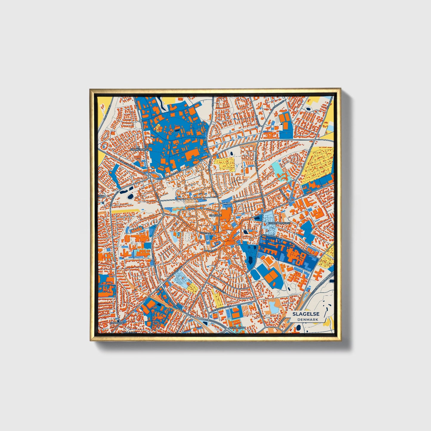 Slagelse Denmark Colorful City Map Canvas Print • Gold Framed