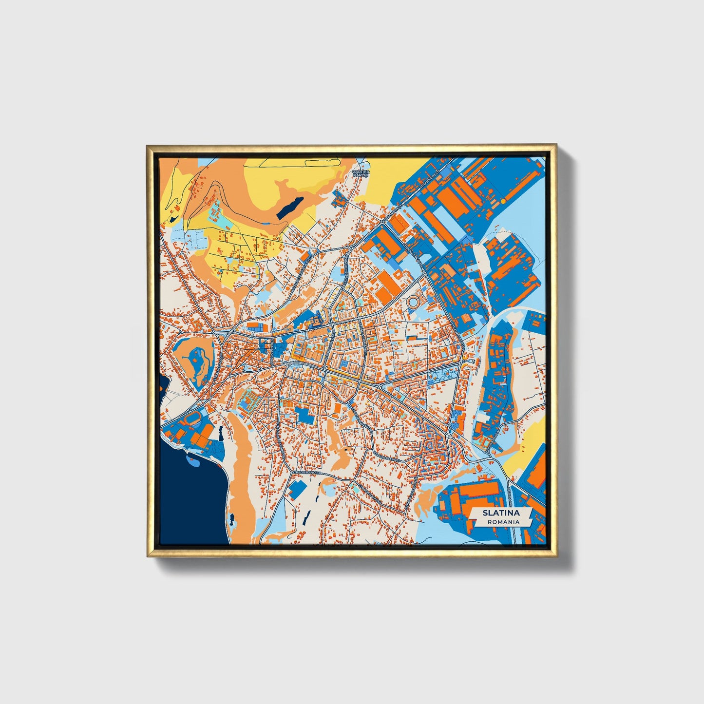 Slatina Romania Colorful City Map Canvas Print • Gold Framed