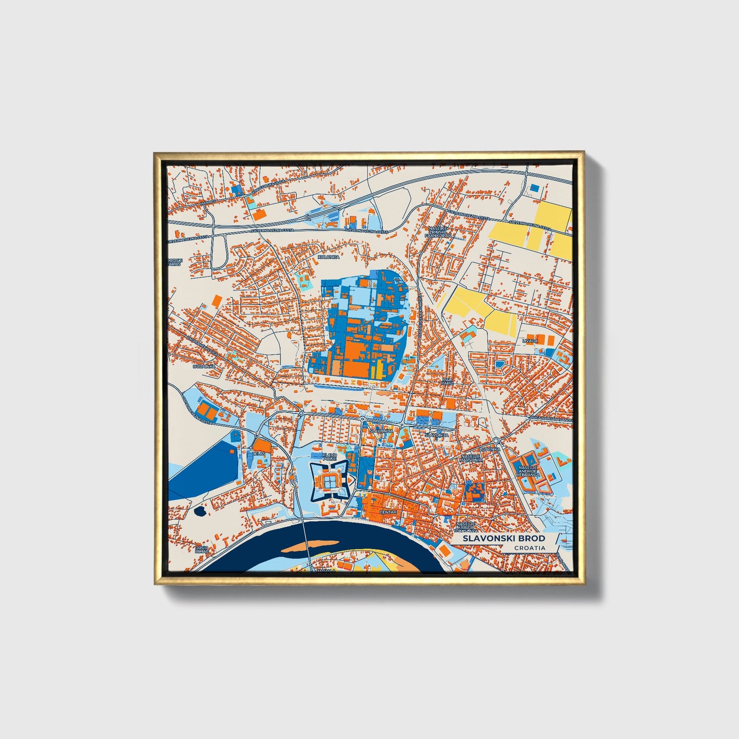 Slavonski Brod Croatia Colorful City Map Canvas Print • Gold Framed