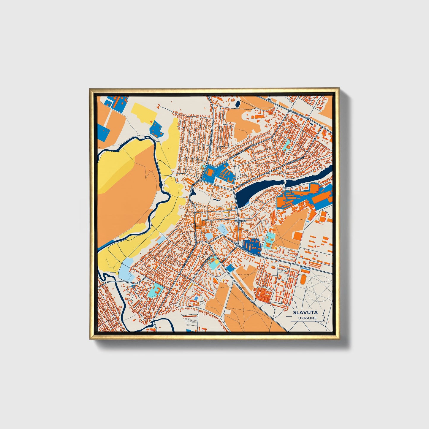 Славута Ukraine Colorful City Map Canvas Print • Gold Framed
