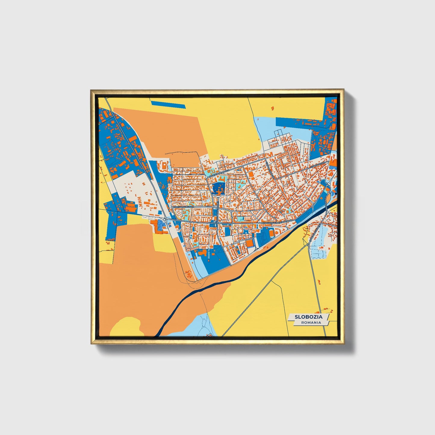 Slobozia Romania Colorful City Map Canvas Print • Gold Framed