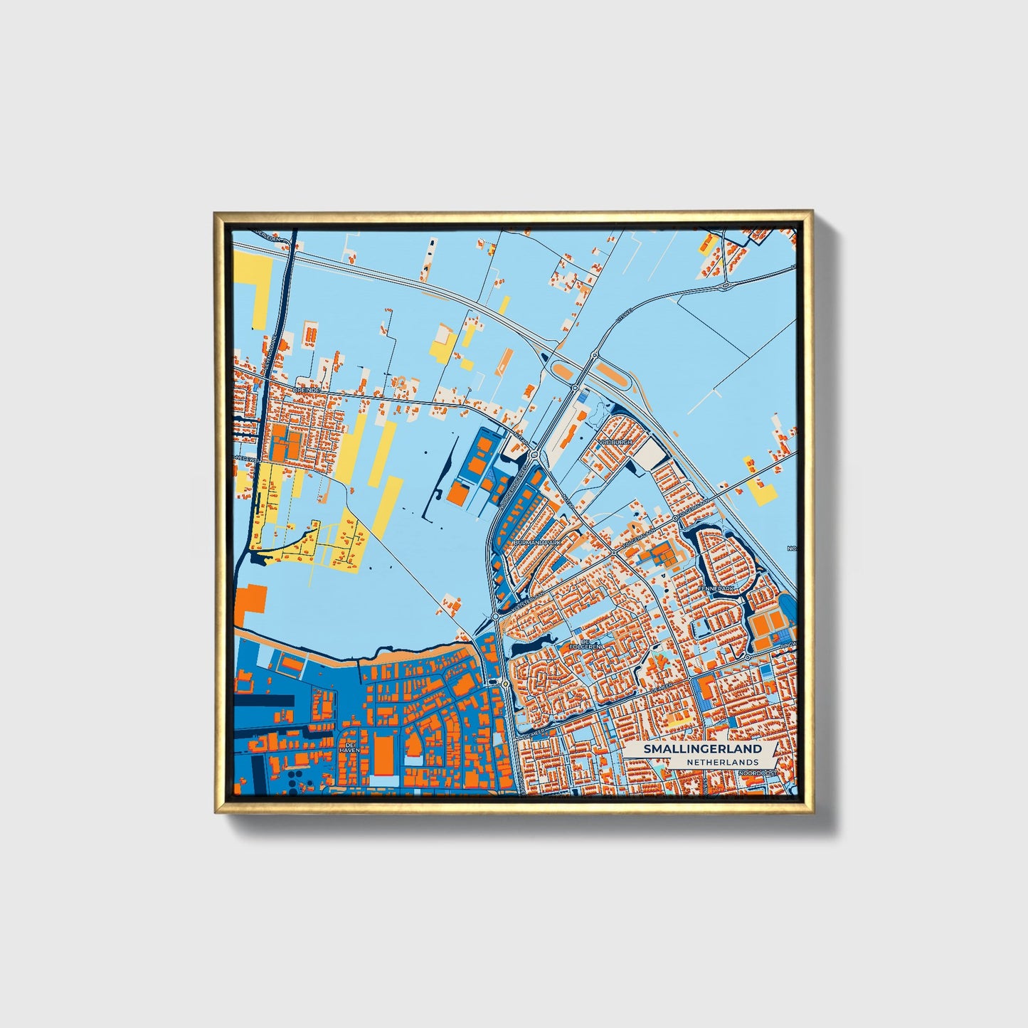 Smallingerland Netherlands Colorful City Map Canvas Print • Gold Framed