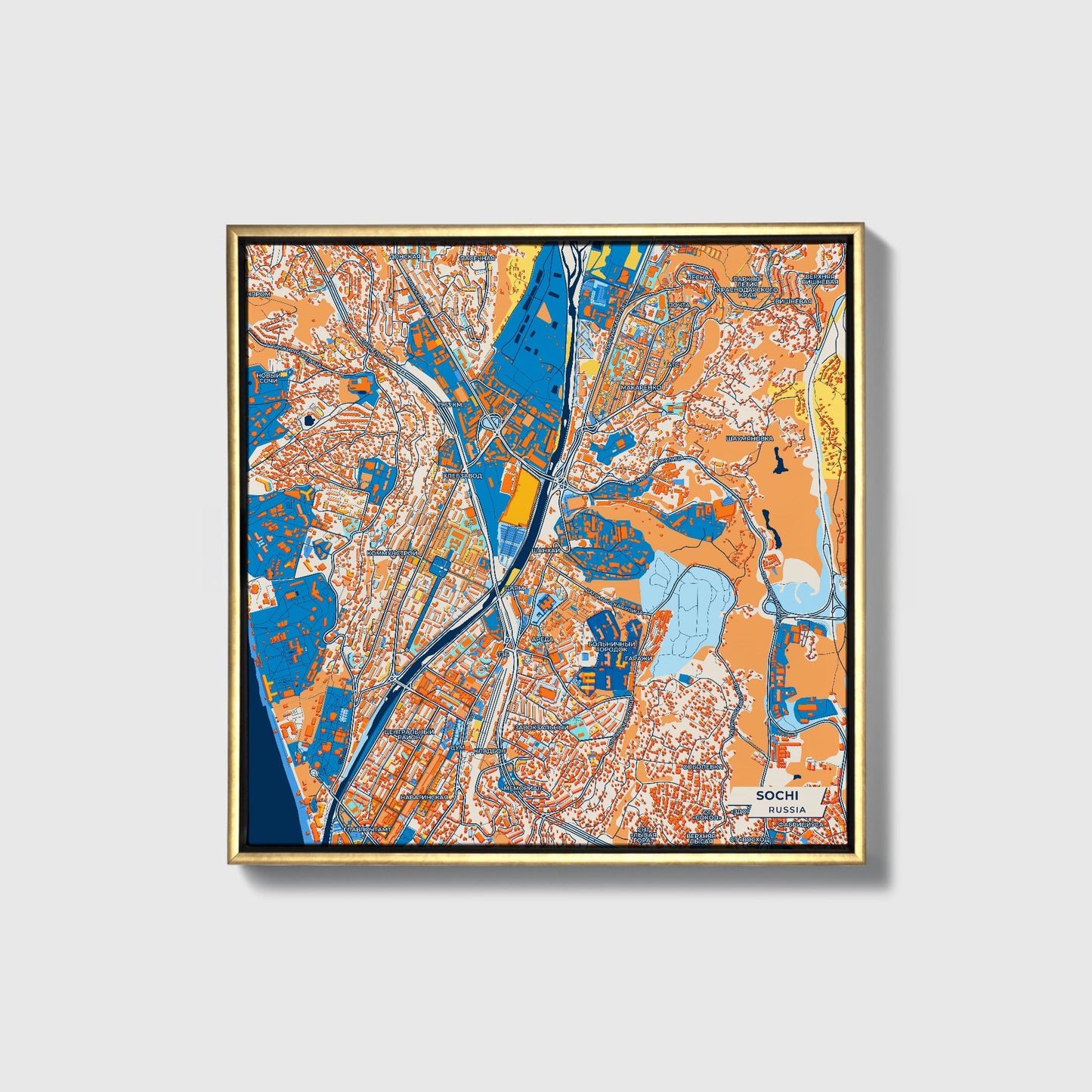 Сочи Russia Colorful City Map Canvas Print • Gold Framed