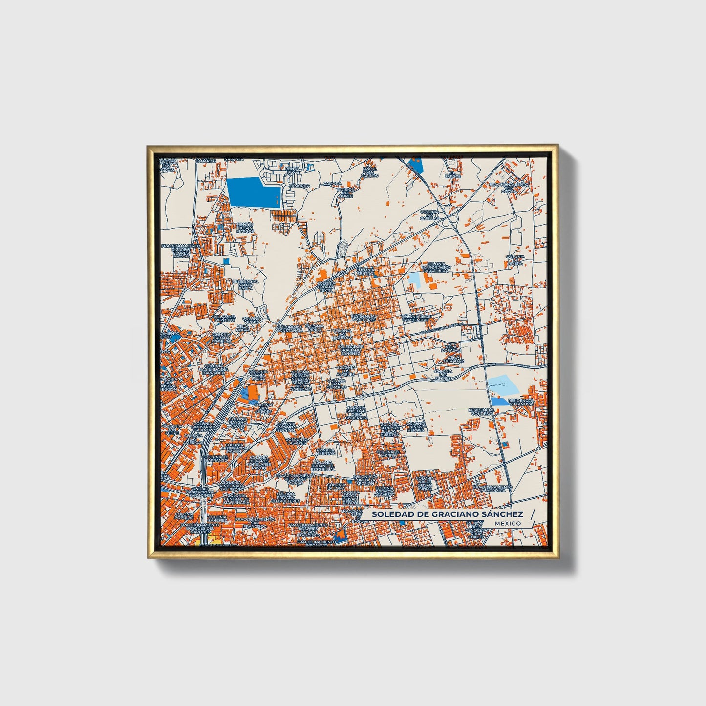 Soledad De Graciano Sánchez Mexico Colorful City Map Canvas Print • Gold Framed