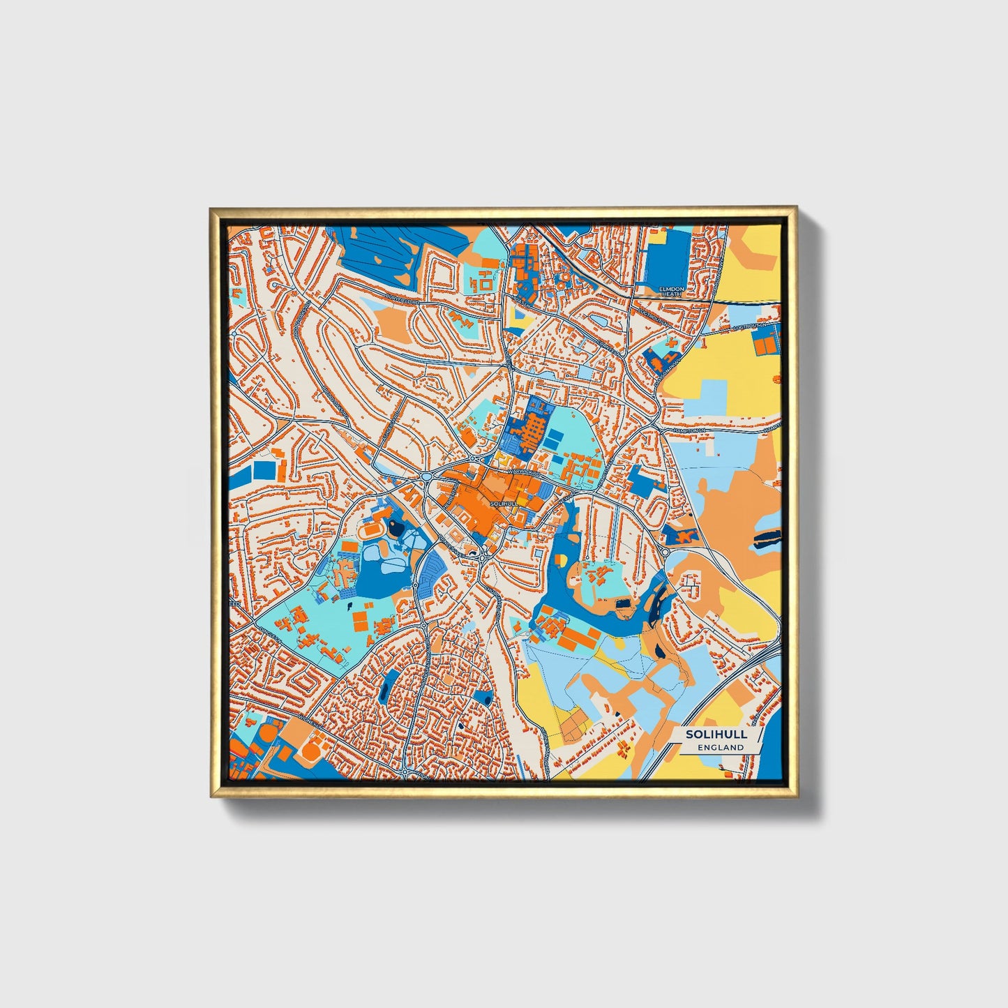 Solihull England Colorful City Map Canvas Print • Gold Framed