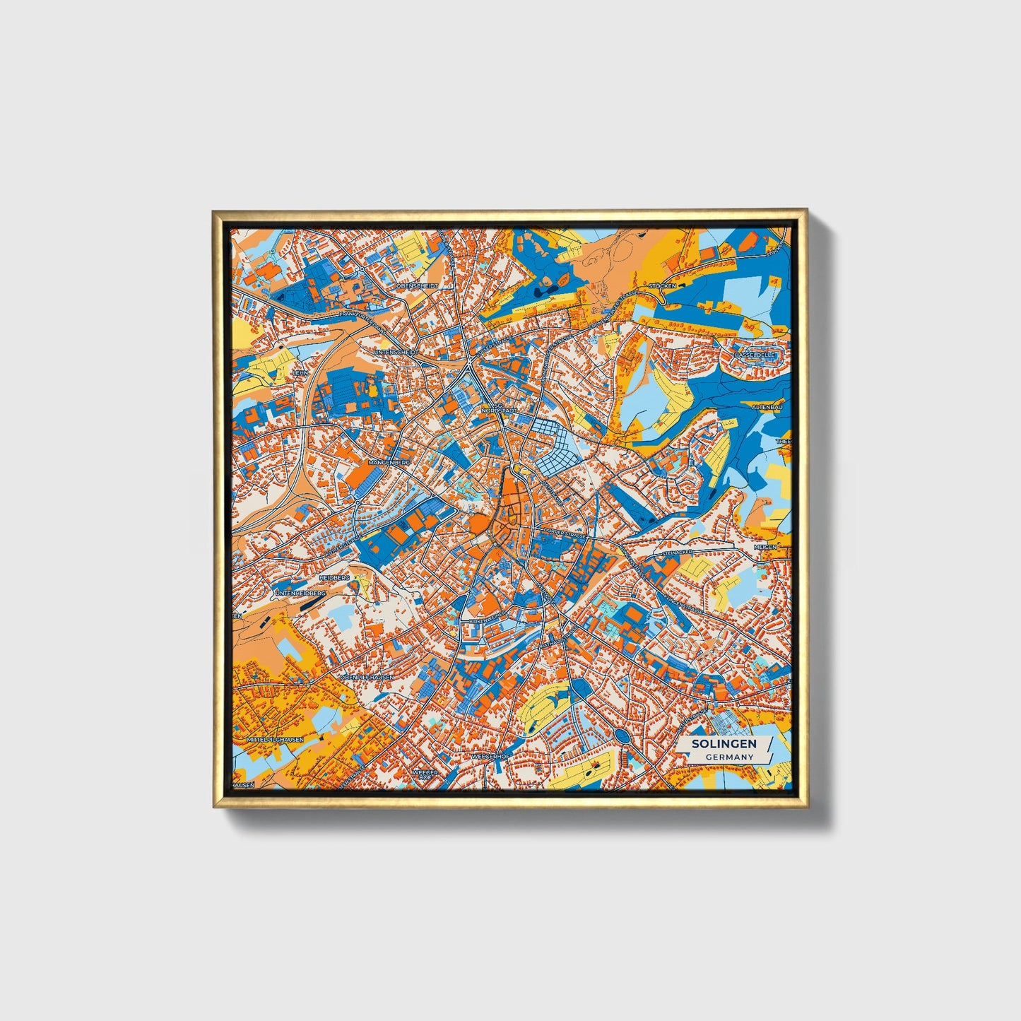 Solingen Germany Colorful City Map Canvas Print • Gold Framed