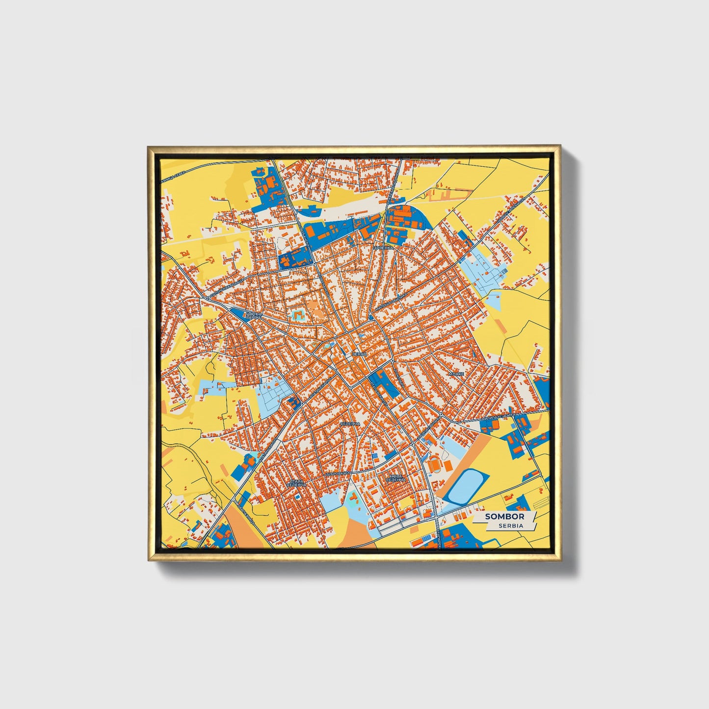 Сомбор Serbia Colorful City Map Canvas Print • Gold Framed
