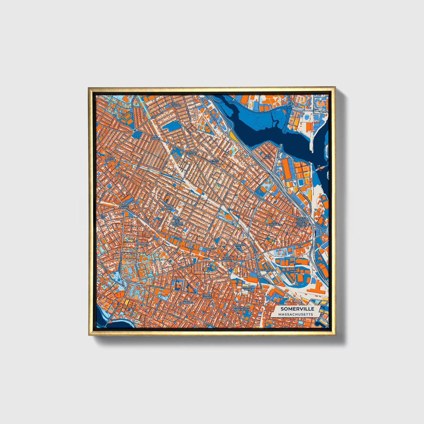 Somerville Massachusetts Colorful City Map Canvas Print • Gold Framed